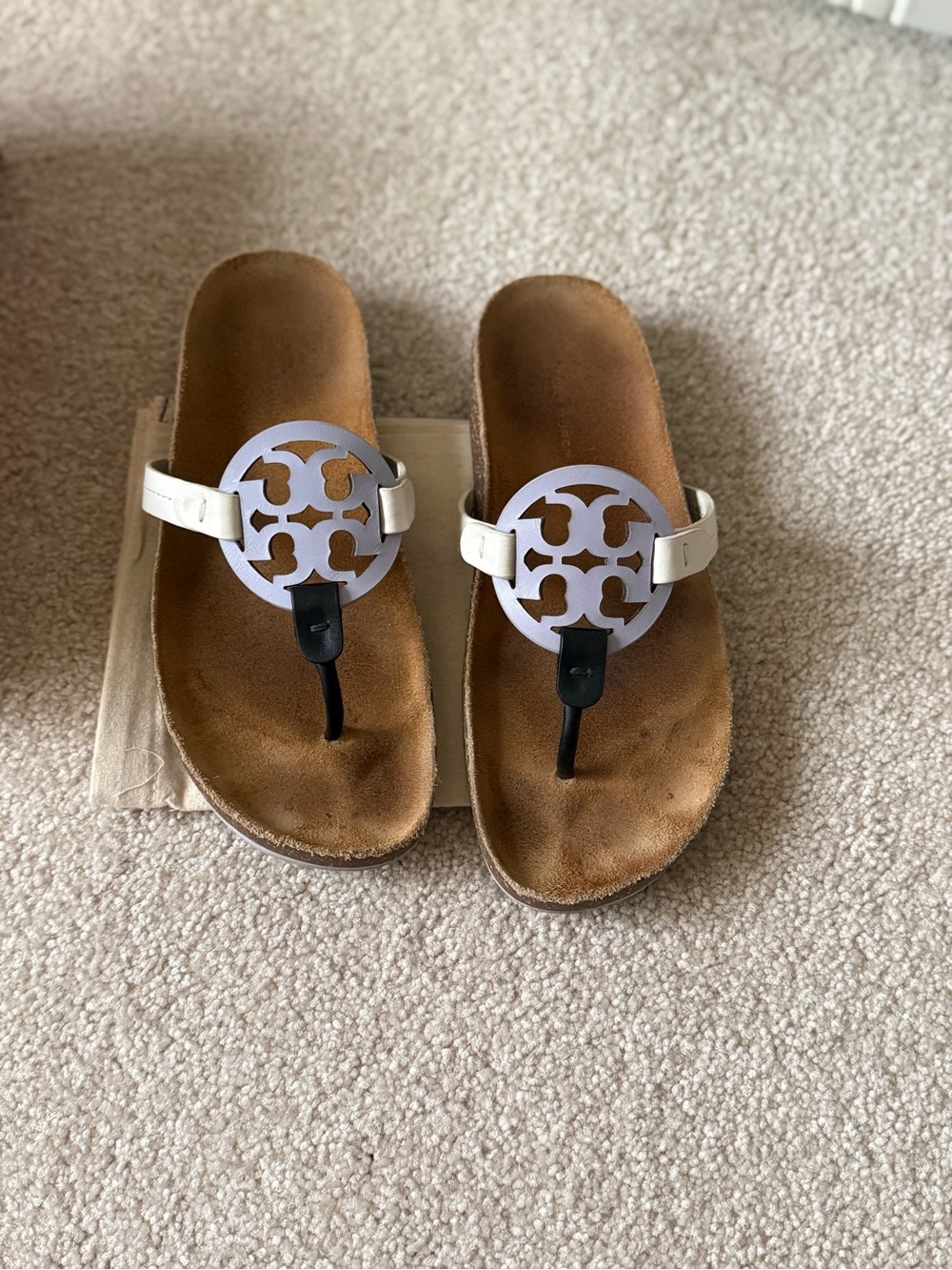 Tory Burch White Logo Thong Sandals with Brown Footbed